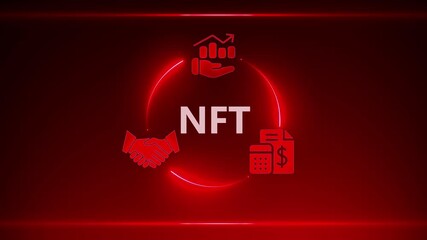Red Neon Circle with NFT Text and Business Icons Representing Finance and Partnership on a Dark Red Background - Powered by Adobe
