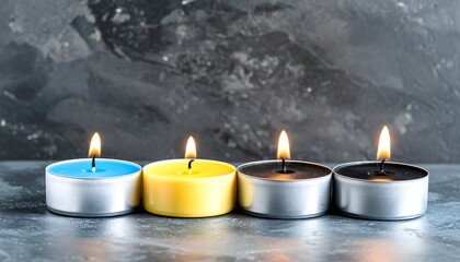 Four lit tealight candles in a row on a reflective surface