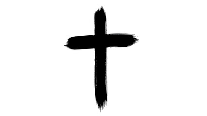 Black handpainted christian cross symbol created with thick brush strokes, isolated on white background