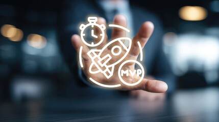 Businessman hand interacting with glowing rocket, stopwatch and MVP icons. Concept of fast product launch, efficient project execution, minimum viable product and business acceleration