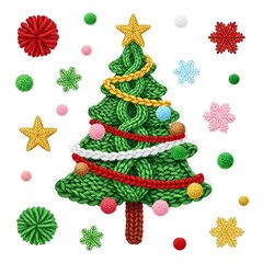 A knitted christmas tree with a star on top and decorations on a white background