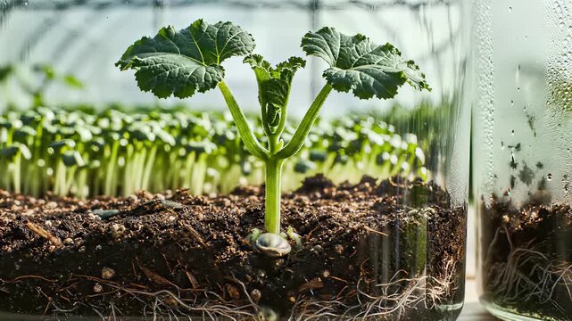 Pumpkin seedling grows out of jar, symbolizing growth, renewal, and potential for small beginnings to flourish in various settings such as educational materials, corporate branding.