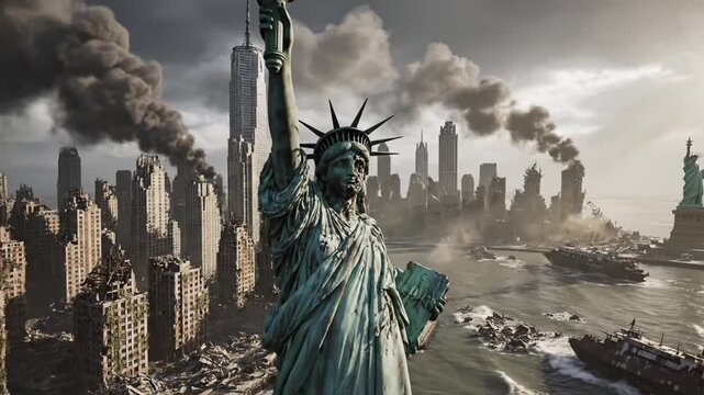 Apocalyptic New York City: Statue of Liberty in a Destroyed and Ruined Cityscape