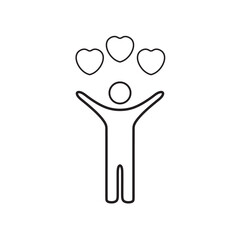 Happy person with floating hearts love celebration outline vector icon