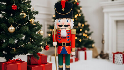 Festive nutcracker figure stands guard amidst christmas trees and gifts