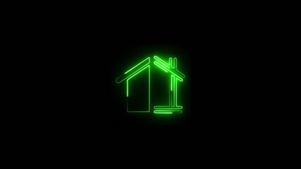 Abstract neon green house outline glowing on black background minimalist architectural concept symbol real estate