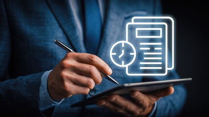 Business professional writing on tablet with glowing document and clock icons. Concept of time management, task documentation, digital paperwork, professional productivity 