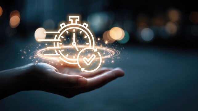 Hand holding glowing stopwatch and checkmark icons. Concept of time efficiency, task completion, quick process, timely achievement and productivity in modern business or professional setting.