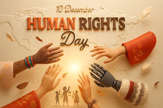 Human rights day diverse hands reaching up towards bright light celebration
