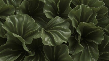 Green folds and ruffles of leather or latex petals flowing fabric. Banner background template for advertising cosmetics, perfumes, and fabric designs in a natural style, copy space.