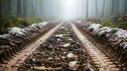 Muddy forest road with tire tracks leading into a foggy, mysterious atmosphere.