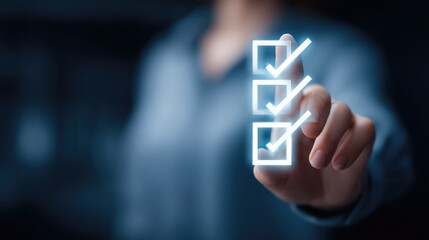 Professional hand tapping glowing checklist icons (checked boxes) in digital interface. Concept of task completion, to-do list management, project progress, administrative efficiency
