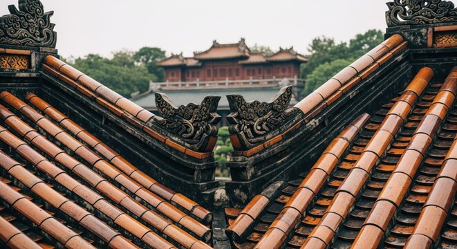 Angled view of traditional tiled roofs with ornate carvings leading to a distant building