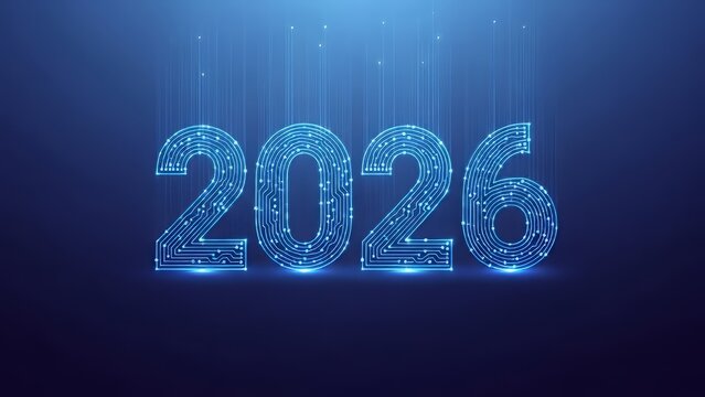 Celebrate a bright future with this stunning 2026 technology design, perfect for new year greetings, digital innovation concepts, and futuristic projects