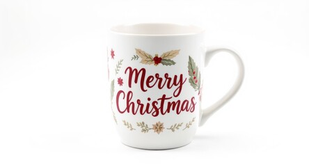 Ceramic mug with "Merry Christmas" script and holiday-themed illustrations