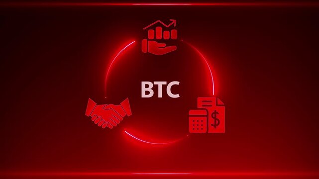 Red Neon Circle with BTC Text and Business Icons for Cryptocurrency and Finance Concepts bitcoin blockchain