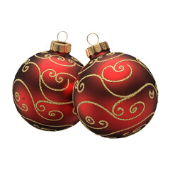 Two red christmas ornaments with gold swirls isolated on transparent background