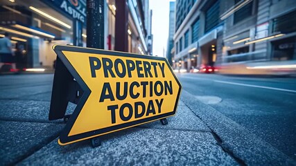 Property auction sign on urban sidewalk with motion blur of passing vehicle and blurred traffic near busy street with modern buildings conveying urgency and energetic city atmosphere