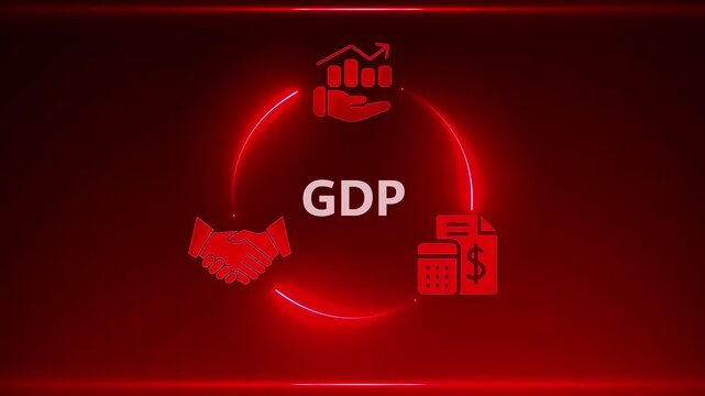 Red Neon Circle with Icons Representing GDP Growth Handshake and Calculator with Dollar Sign Gross Domestic Product