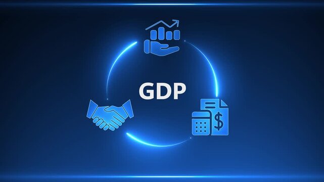 GDP economic cycle with handshake graph and calculator icons on blue background Gross Domestic Product