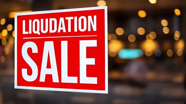 Liquidation sale sign in red and white on glass storefront with blurred warm bokeh lights and shoppers, dramatic retail promotion conveying urgency and discount shopping atmosphere