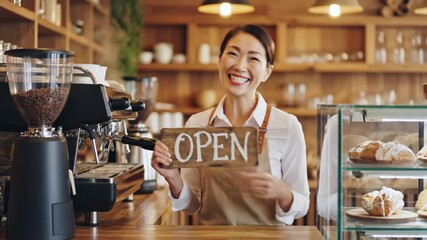 A barista enthusiastically announces the cafe opening, holding a wooden 'open' sign beside the espresso machine. warm lighting and fresh pastries create a welcoming atmosphere for coffee lovers.
