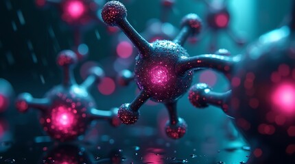 Intricate detail and sharp edges: Glowing molecular structure in neon turquoise/magenta, rendered with dramatic flair against a dark, rainy cyberpunk backdrop, with reflections.