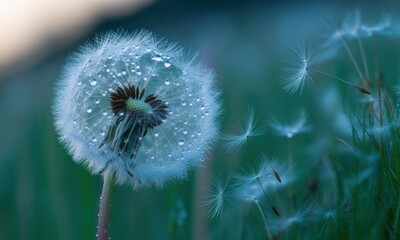 Close-up of a dandelion seed head with water droplets and floating seeds
