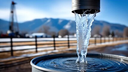 Clear water pouring from metal bucket and spout into barrel on rural farm with mountain backdrop fence field and blue sky outdoor scene showcasing natural agricultural flow and reflective surface