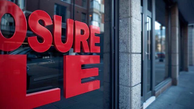 Closure sale red window letters storefront reflecting city street, foreclosure sale sign commercial storefront window reflecting urban street with empty sidewalk and urgent red lettering conveying