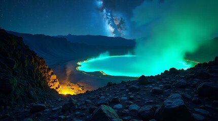 Stunning macro-to-wide shot: Ijen crater at night, revealing intricate dance of electric blue flames surging from rock crevices, vast serene turquoise acid lake, and the Milky Way above.