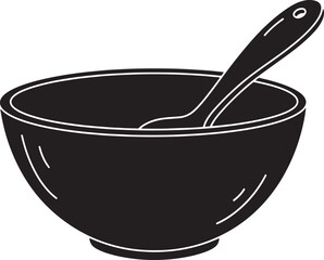 Black silhouette of bowl with spoon inside kitchenware and dining concept