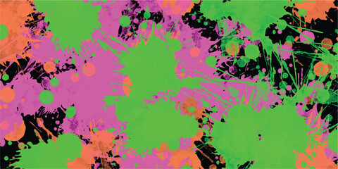 Obraz premium Vibrant explosion of neon pink, electric green, and bright orange paint splatters and splashes on a stark black background, creating a dynamic and energetic abstract art composition