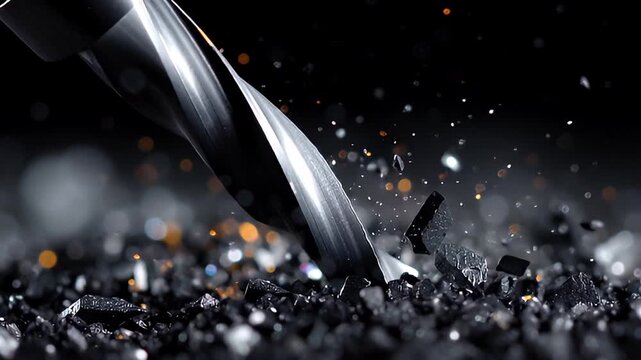 Drill bit cutting metal chips with flying sparks and debris, high speed closeup macro cutting tool showing sharp spiral flute and textured metal fragments dramatic low key bokeh lighting