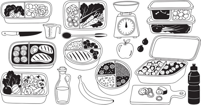 Black and white illustration of meal prep containers and kitchen accessories
