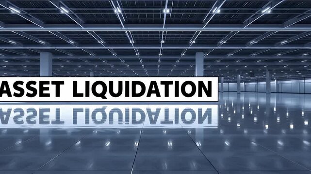 Asset liquidation sign reflected on glossy warehouse floor conveying sale urgency, empty industrial ceiling and overhead lighting, reflection of corporate transition and floor emptiness