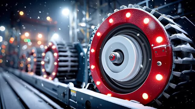 High tech conveyor wheel with illuminated red hub and industrial roller bearing high performance conveyor roller with red illuminated rim and rubber tread snowy factory production line high tech