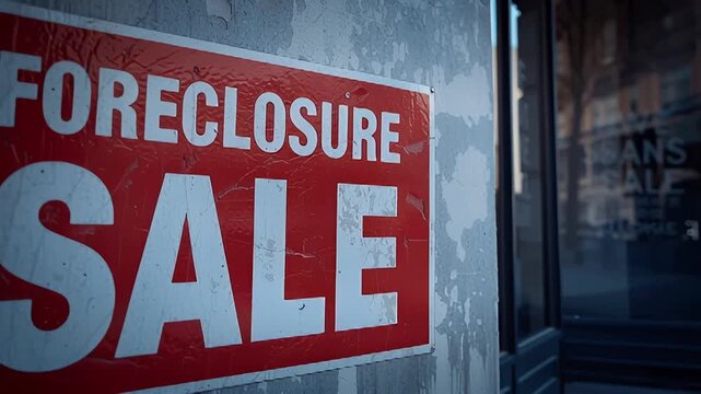 Foreclosure sale sign weathered storefront wall with urban reflection and moody light, foreclosure sale sign weathered pillar outside closed storefront empty urban street with moody blue light