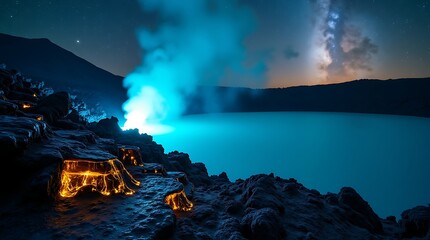 Raw delicate beauty of blue fire: Ijen crater at night, showing jagged black volcanic rock with crystalline yellow sulfur, intensely vibrant blue flames, and plumes of luminescent sulfur gas.