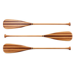 Three wooden canoe paddles with striped blades isolated on a transparent background