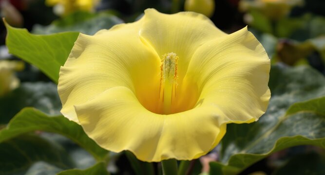 Close-up of a vibrant yellow flower with ruffled petals and green foliage in sunlight