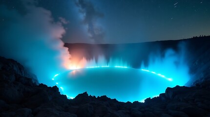 Dramatic high-contrast lighting: Ijen blue light resembling molten plasma, diffused by sulfur smoke, set against the turquoise acid lake mirroring the Milky Way and sharp yellow sulfur crystals on roc