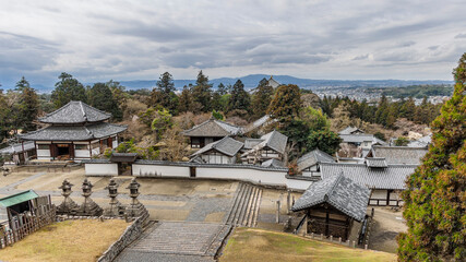 Scenic view from Todai-ji Nigatsu-do temple on top the hill in Nara, Honshu island in Japan