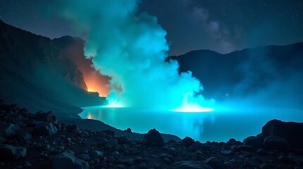 Dynamic composition: Diagonal blue light flows and vertical smoke/silhouette elements in the Ijen crater, showcasing the sublime power of the Earth and the vibrant color harmony of the scene.