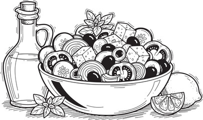 Hand drawn Greek salad with olive oil and lemon illustration