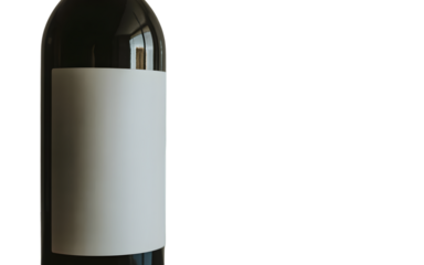 Dark glass wine bottle with blank label isolated on transparent background