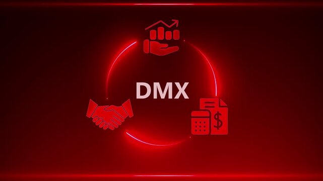 Red Neon Circle with Business Icons and DMX Text on Dark Red Gradient Background finance handshake