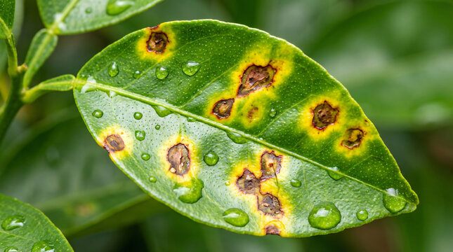 Citrus Leaf Bacterial Spot with Xanthomonas Infection Lesions