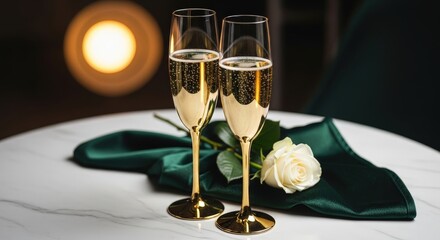 Elegant Champagne Glasses with Rose on Table. Ai generation