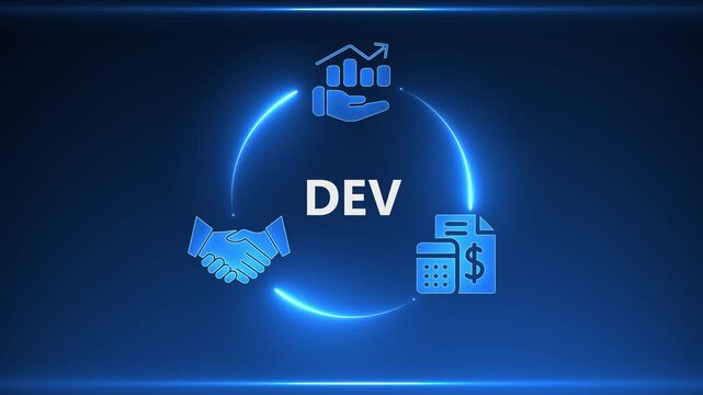 Blue Neon Circle with Business Icons and DEV Text on Dark Blue Gradient Background finance handshake